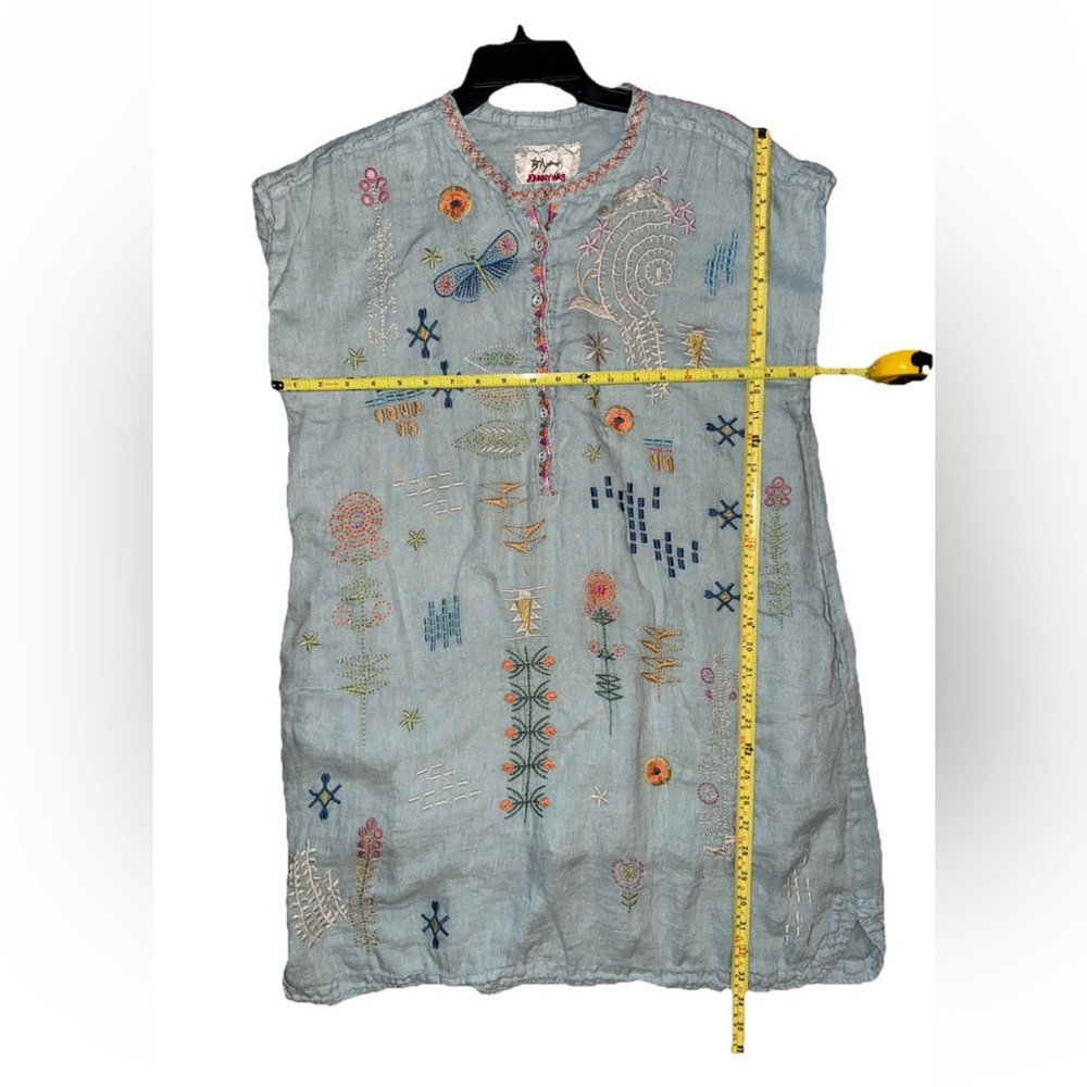Johnny Was Biya Elektra Dress Embroidered Floral Linen Button Front Sz M Blue - Picture 10 of 11